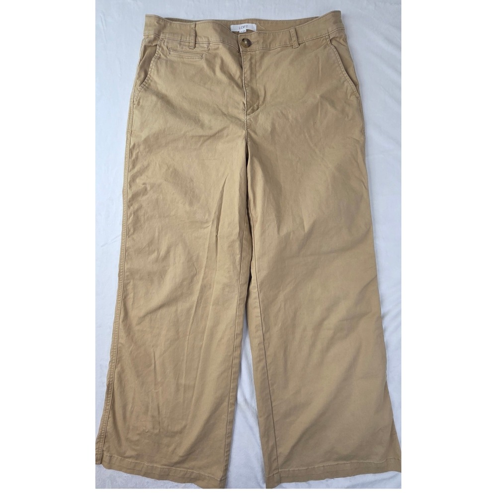 Loft Pants Women 14 Tan Wide Leg Chino Trousers Excellent